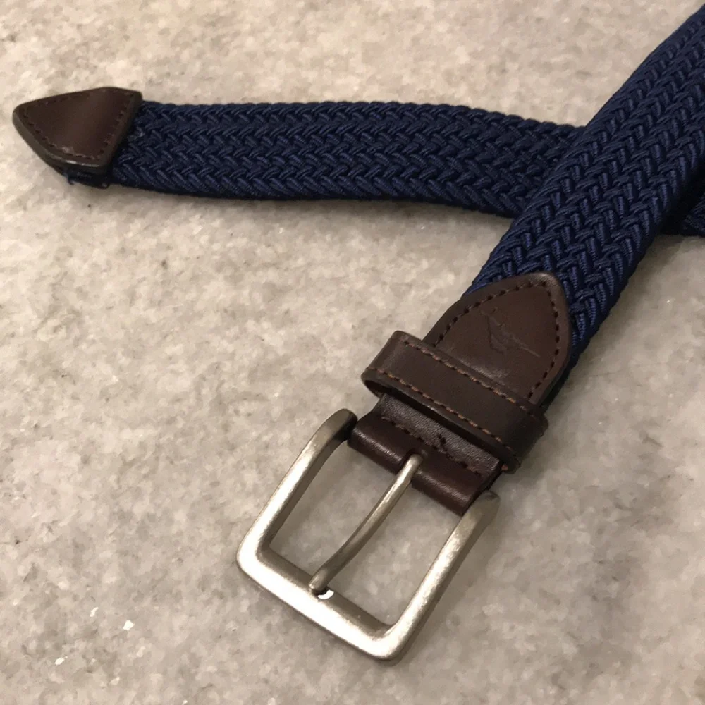 Tommy Bahama Woven Belt Mens‎ XL Blue Stretch Braided Leather Trim Silver Buckle